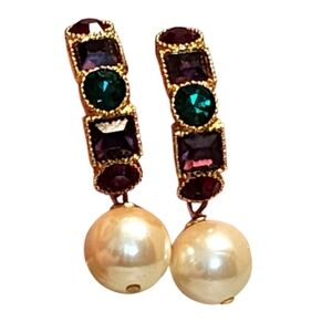 Vintage Faux Pearl Drop Earrings Jeweled Clip-On Baroque Gold Red Green Crystal